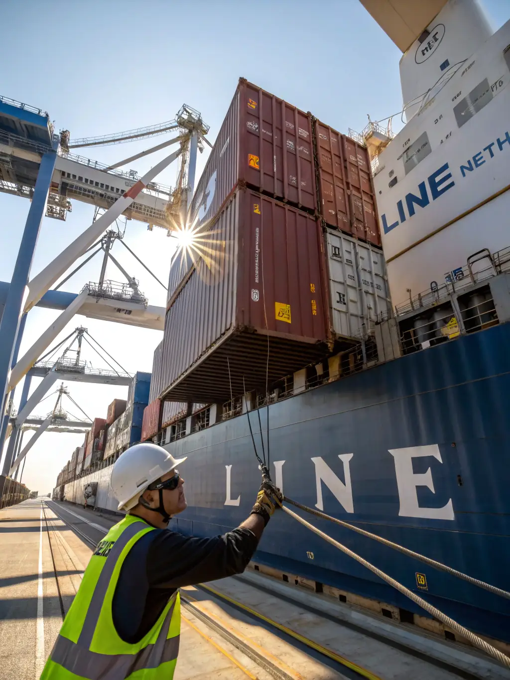 A high-quality photograph showcasing a container ship being loaded with various vehicles, emphasizing the global reach of Global Drive Motors' import/export services.