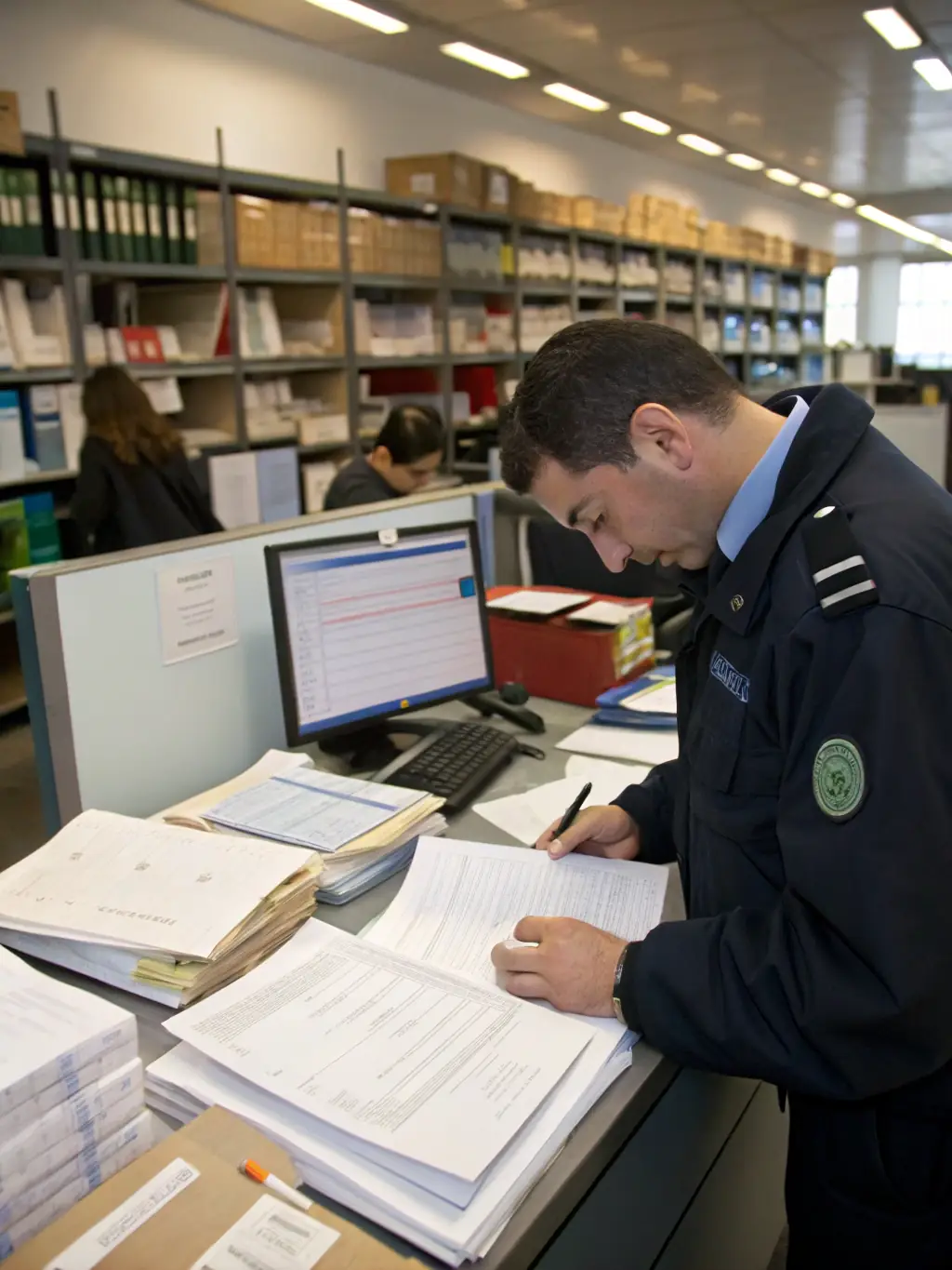 A detailed image of a customs agent inspecting vehicle documentation, highlighting Global Drive Motors' commitment to regulatory compliance.