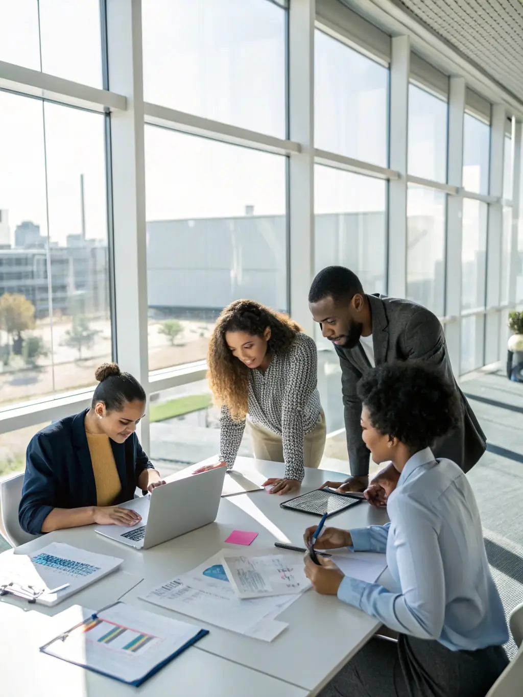 A professional photo of a diverse team of Global Drive Motors employees collaborating in a modern office setting, symbolizing expertise and teamwork.